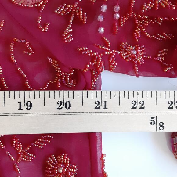 Vintage 70s Jack Bryan Beaded Sheer Silk Tunic Top Cherry Red Evening Holiday - Picture 13 of 15